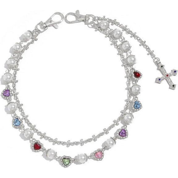 Multi-Layer Rhinestone Daisy Wallet Chain for Jeans, Pearl & Cross Pants Keychain for Women Men, Y2K Punk Hip Hop Bag Accessory, Edgy Fashion Jewelry Gift