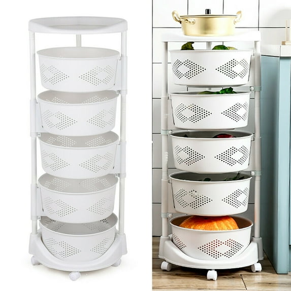 Multi-Layer Rotatable Baskets Kitchen Rack Rolling Storage Cart White