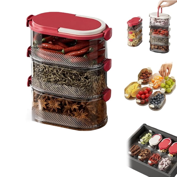 Multi-Layer Sealed Spice Organizer, Stackable Spices Storage Box, Travel Spice Containers and Camping Spices Kit for Seasoning, Cereal, Coffee Beans, Snack, Small Fruits (Red, 3-Layer)