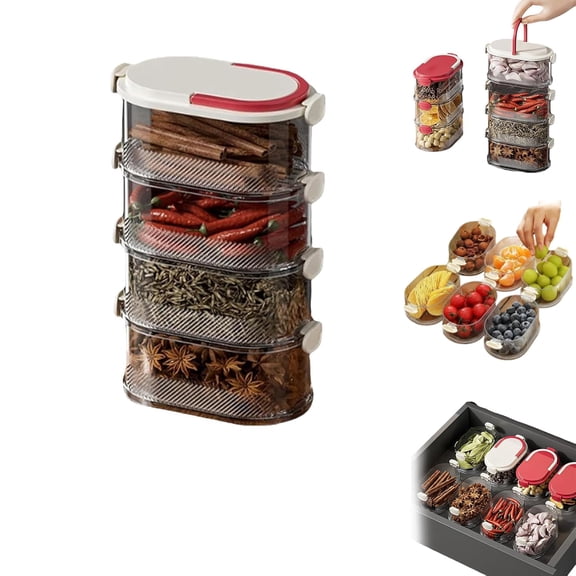 Multi-Layer Sealed Spice Organizer, Stackable Spices Storage Box, Travel Spice Containers and Camping Spices Kit for Seasoning, Cereal, Coffee Beans, Snack, Small Fruits (White, 4-Layer)