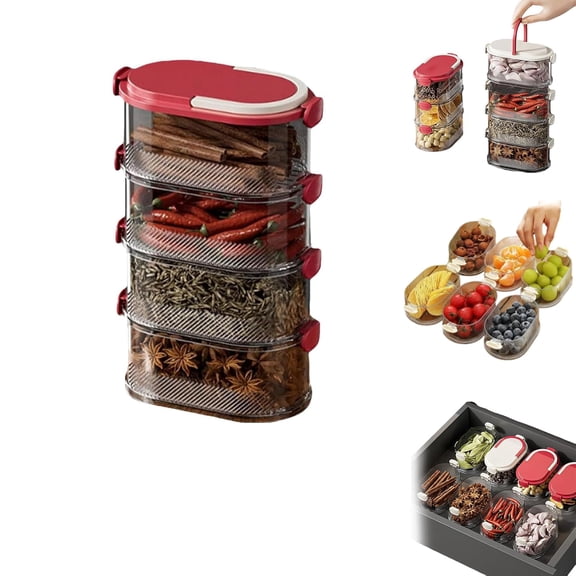 Multi-Layer Sealed Spice Organizer, Stackable Spices Storage Box, Travel Spice Containers and Camping Spices Kit for Seasoning, Cereal, Coffee Beans, Snack, Small Fruits (Red, 4-Layer)