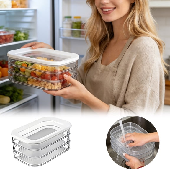 Multi-Layer Stackable Food Storage Container with Airtight Lid, Clear Transparent Meal Prep Organizer, for Fridge Pantry Meat Ham Cheese Vegetable Storage, with Cleaning Accessory