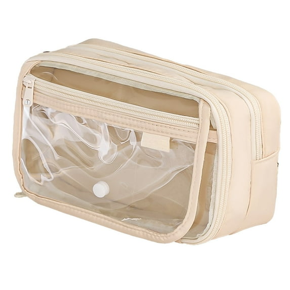 Multi Layer Stationery Storage Bag Large Capacity Pen Case Pencil Box Zipper Organizer Fabric Transparent PVC 8.5 Inch Portable Academic Supply Organizer(Beige)