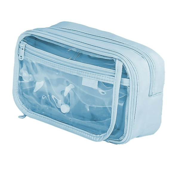 Multi Layer Stationery Storage Bag Large Capacity Pen Case Pencil Box Zipper Organizer Fabric Transparent PVC 8.5 Inch Portable Academic Supply Organizer(Blue)