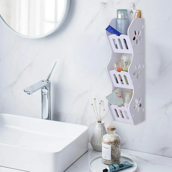Multi Layer Wall Mounted Storage Rack White PVC | Punch Free Installation | 3-Tier Hanging Organizer Shelf | Waterproof Bathroom Kitchen Bedroom | 45x11x7cm | Compact Space Saver