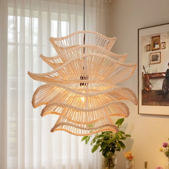 Multi-Layer Wavy Rattan Pendant Light, Boho Wicker Hanging Lamp for Dining Living Room