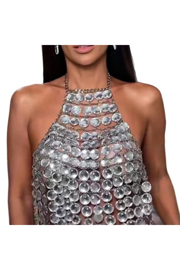 Layered Acrylic Crystal Crop Top Camisole for Women Backless Halterneck Vest Gemstones Tassels Club Party Body Jewelry