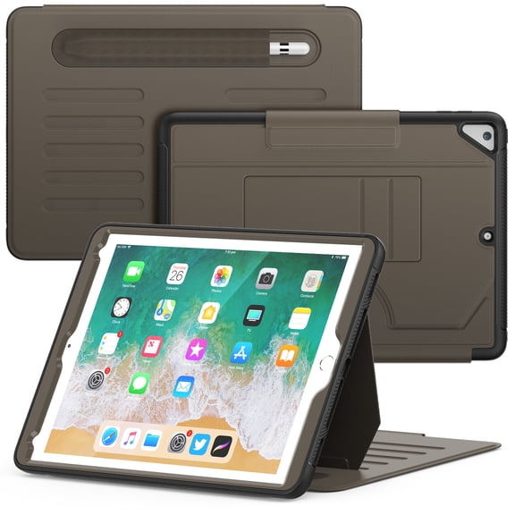 Multi-Layers Protective Case for iPad 6th/5th Generation 9.7" 2018/2017, Flip Magnetic PU Leather Cover with Kickstand Card Holders Shockproof Hybrid Case for iPad 6th / 5th / Pro 9.7, Brown