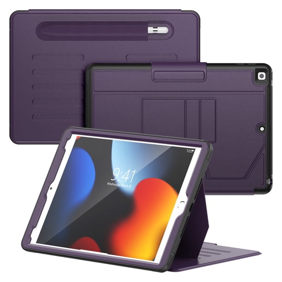 Multi-Layers Protective Case for iPad 9th/ 8th/ 7th Generation Case 10.2", Flip Magnetic PU Leather Cover with Kickstand Card Holders Shockproof Hybrid Case for iPad 10.2 inch 2021/2020/2019, Purple