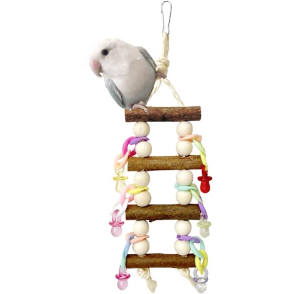 Multi-Level Bird Ladder for Cage with Colorful Acrylic Pacifier Chew Toys, Wooden Parrot Toys for Birds Climbing, Chewing, and Playing, Natural Hardwood Perch for Parakeet Lovebird Conure