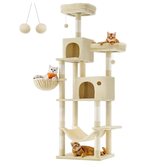 Multi-Level Cat Tower with Hammock & Spacious Cave, Beige