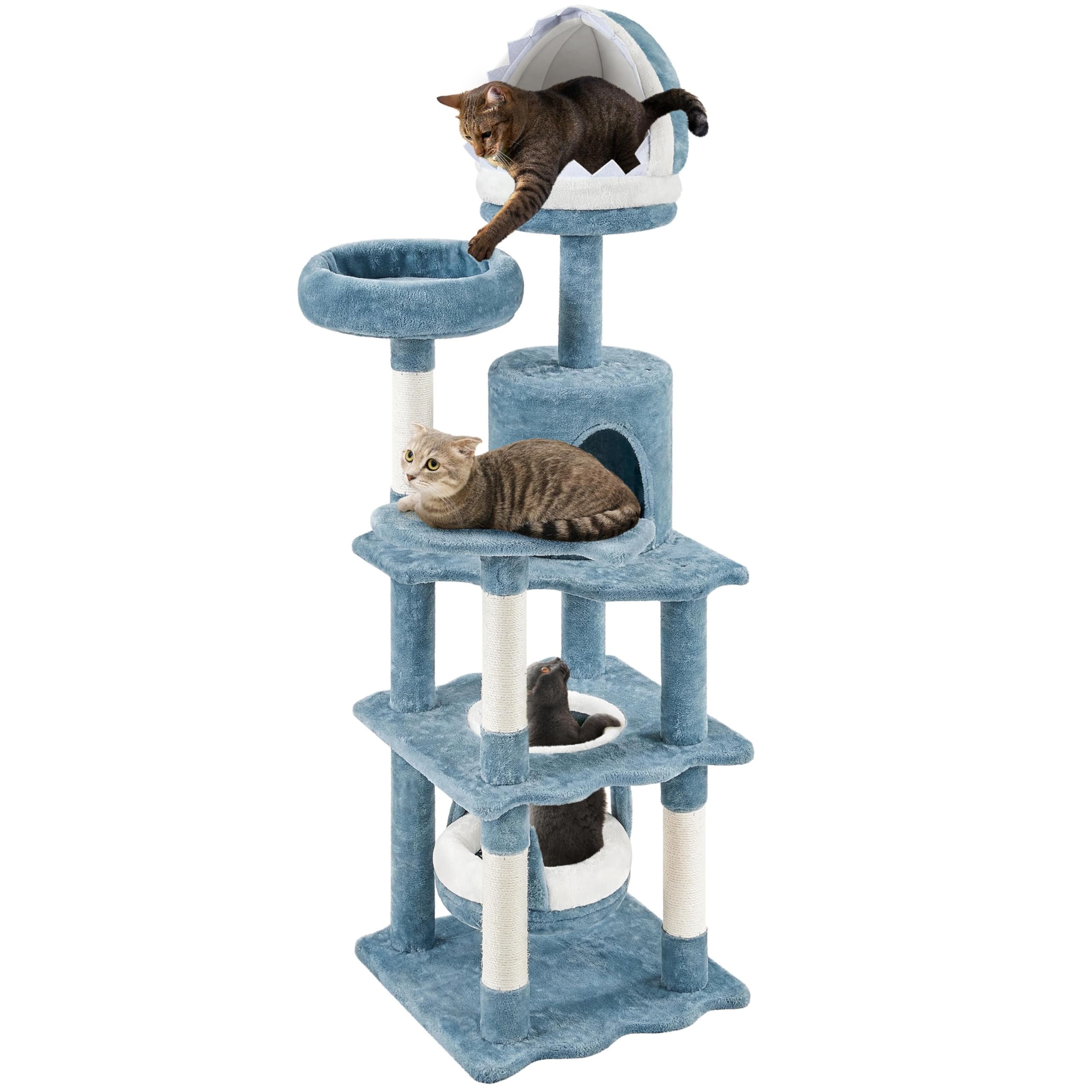 Multi-Level Cat Tree Ocean Theme 61in Tall Climbing Tower with Sisal Scratching Posts Shark Perch Condo Round Entrance Hammock for Indoor Cats, Blue