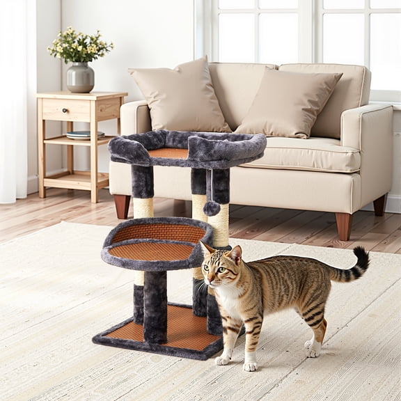 Heynemo Multi-Level Cat Tree with Sisal Scratching Posts & Cooling Mat - 2 Beds, Gray