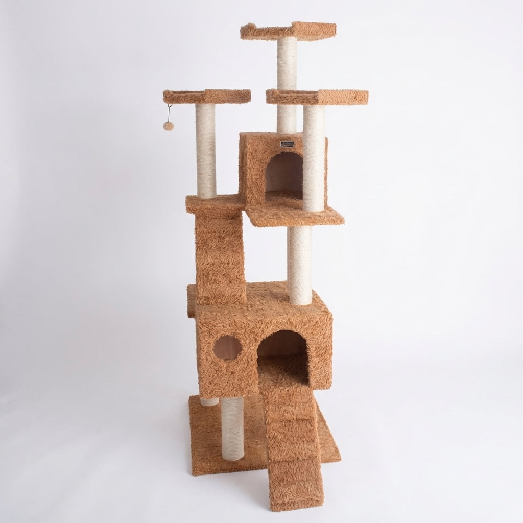Multi-Level Cat Tree Tower, 74-Inch Tall Activity Center with Condos, Scratching Posts, Plush Cover, Brown