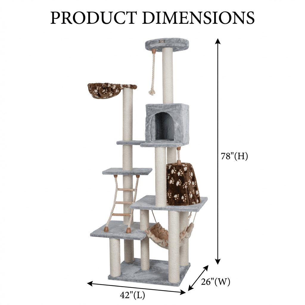 Multi-Level Cat Tree Tower, 78" Tall with Sisal Scratching Posts, Plush Condo, Hammock, and Rope Ladder, Gray