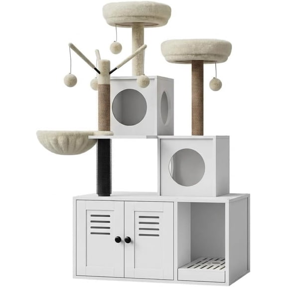 Multi-Level Cat Tree Tower with Hidden Litter Box Enclosure – Wooden Cat Condo, Odor Control – for Cats, as Show, Soft Perch, Sisal Scratching Posts, Catnip Toy Furniture, White
