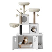 Multi-Level Cat Tree Tower with Scratching Posts & Litter Box Enclosure, Cat Condo with Cat Houses, Perches & Hanging Toys, Cat Furniture for Indoor Cats, Easy to Assemble