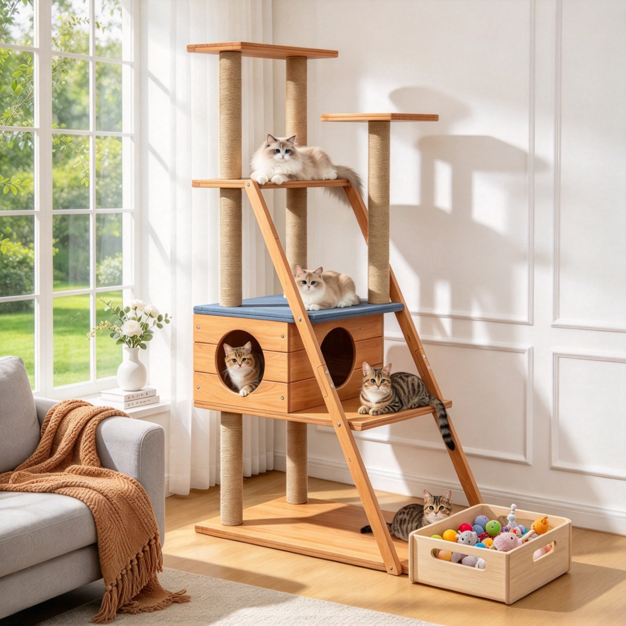 Cat Patio Multi Level Multi-Level Cat Tree Tower for Indoor Cats, Wooden Cat Condo with Jump ...