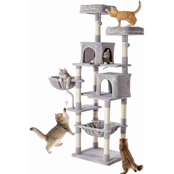 Multi-Level Cat Tree Tower with 2 Condos, Scratching Posts, Round Platform, Ladder, and Toys for Large Cats, Beige