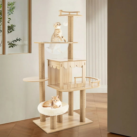 Multi-Level Cat Tree Tower with House, Nest, Scratching Post & Jumping Platforms, Safe, Stable and Comfortable for Cats up to 33 lbs