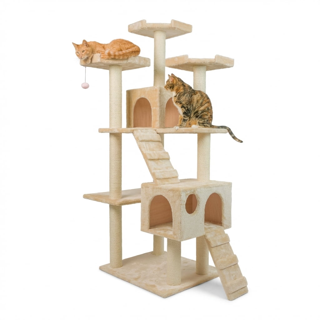 Multi-Level Cat Tree Tower with Sisal Scratching Posts, 2 Condos, Plush Fabric, Beige, 74 Inches Tall
