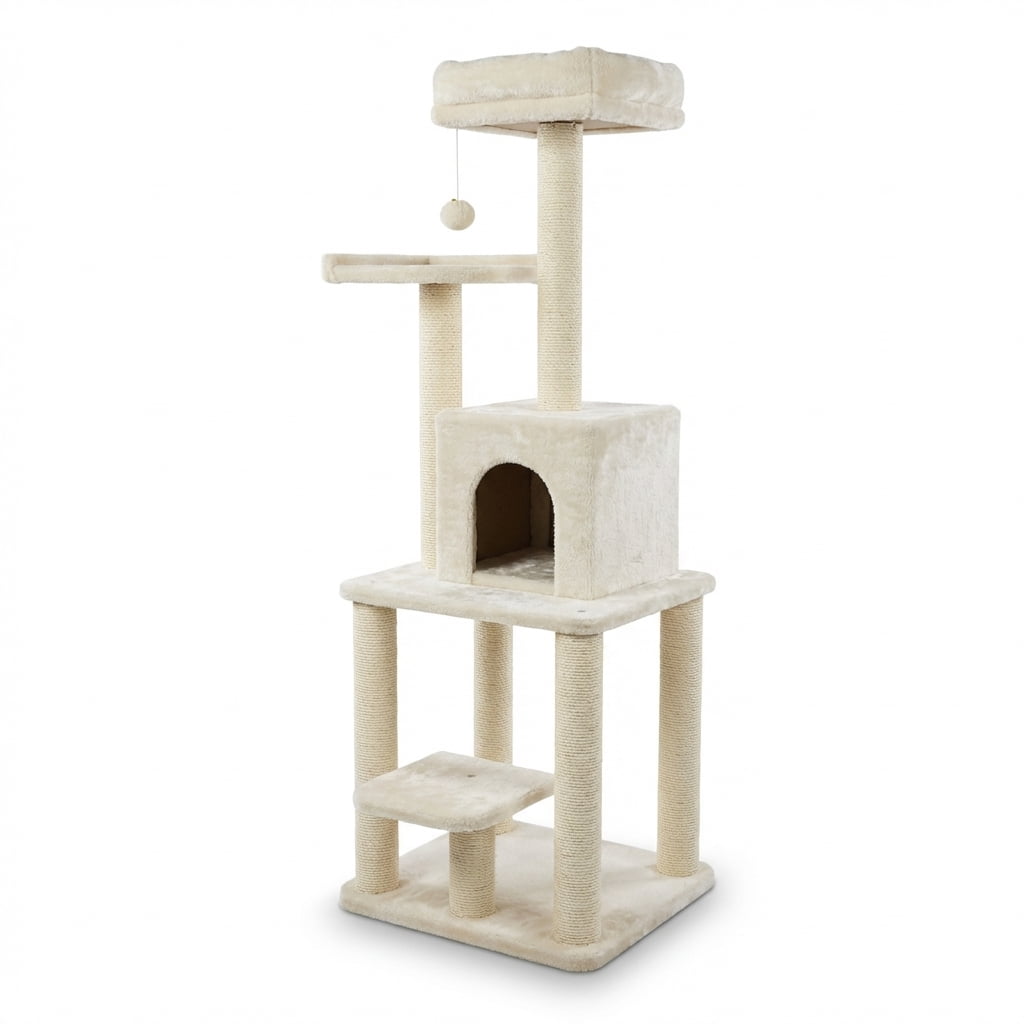 Multi-Level Cat Tree Tower with Sisal Scratching Posts, Cozy Condo, Perches and Hanging Toy, Beige, 62 Inches Height