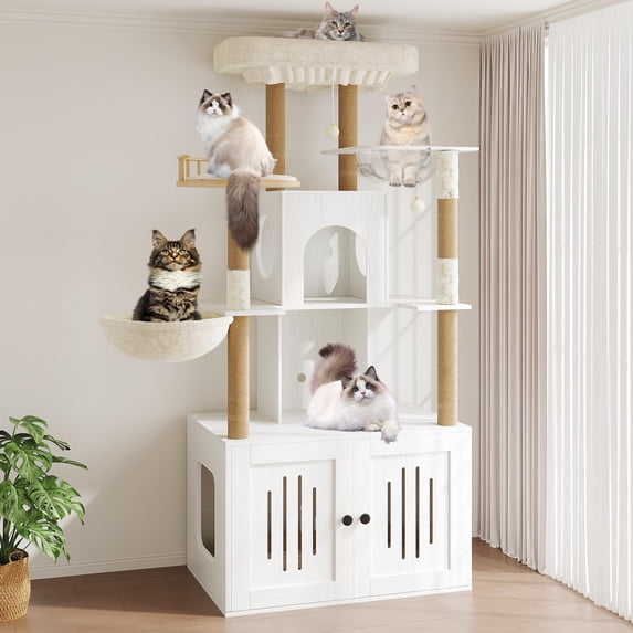 Multi-Level Cat Tree with Hidden Litter Box Enclosure – Soft Perch ...