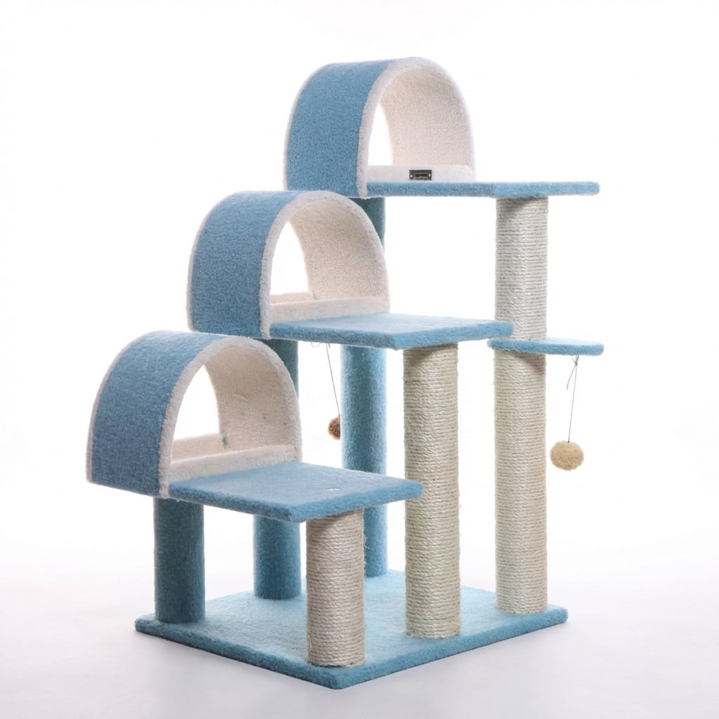 Multi-Level Cat Tree with Sisal Scratching Posts, Blue and Beige, 31x20x38 Inches, 3 Arched Condos, Hanging Toy Ball