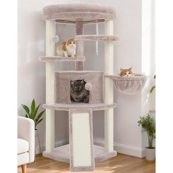 Multi-Level Cat Tree with Sisal Scratching Posts, Cat Condo Featuring Cave, Large Perch, Hanging Basket, and Scratching Ramp in Dark Gray