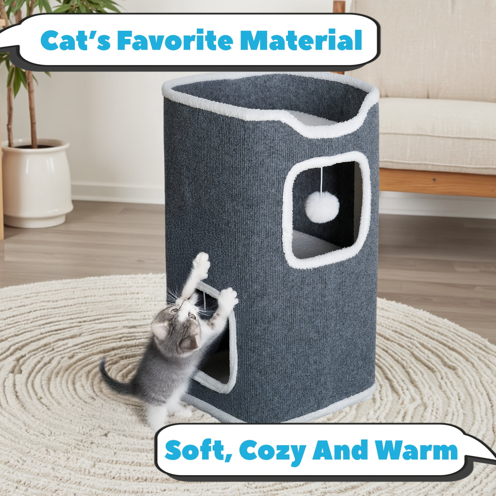 Multi-Level Foldable Cat Tree Tower (Dark Gray Fabric w/Beige Trim