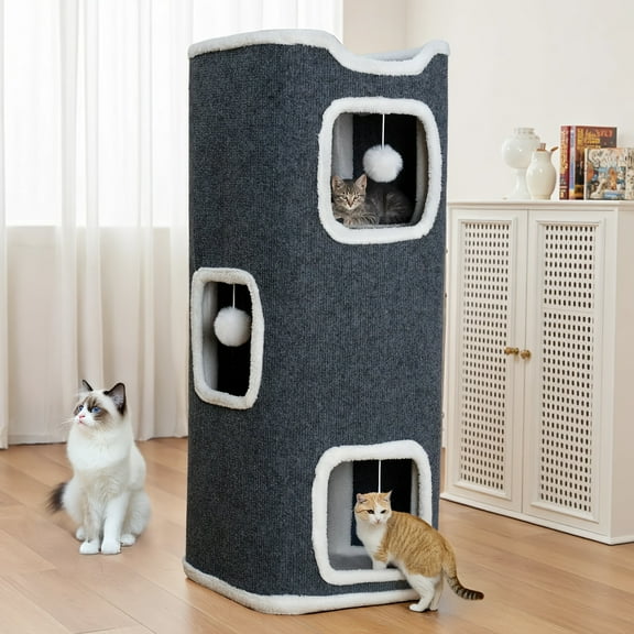 Multi-Level Foldable Cat Tree Towers for Indoor - Cat Furniture,Interactive Hanging Toy Ball,Cat Tree House,Cat Hideaway, Scratch-Resistant Design,Contemporary Style, Dark Gray Fabric with Beige Trim