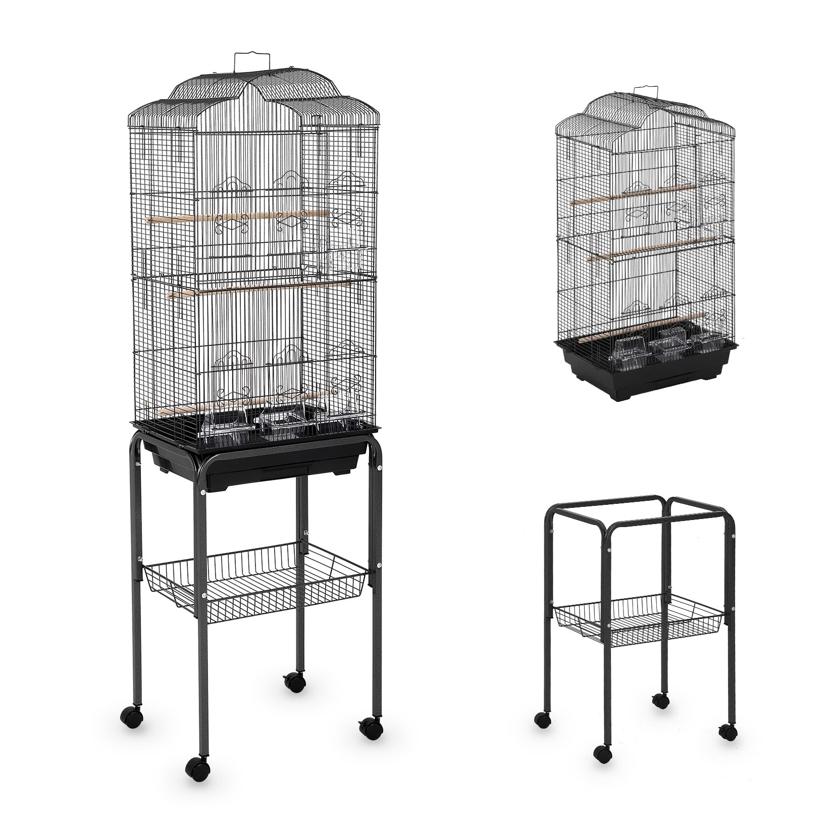 Multi-Level Metal Bird Cage with Storage Shelf & Rolling Stand – 4 Access Doors, Removable Tray, Perches, Food Bowls, Durable, Easy Clean, Detachable Stand – Model 6103H+B2