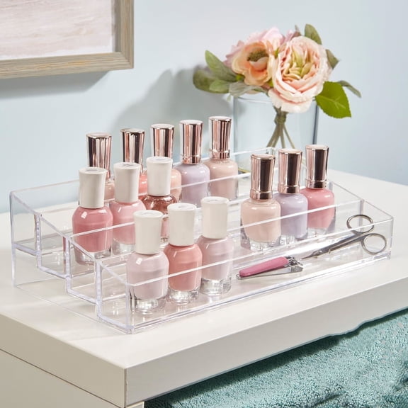 Multi-Level Nail Polish Bottle Holder | Clear Plastic Organizer Rack for up to 40 Nail Polish Bottles, Rectangular 4 Tiered Vanity Display Stand for Makeup and Eyeshadow Palettes