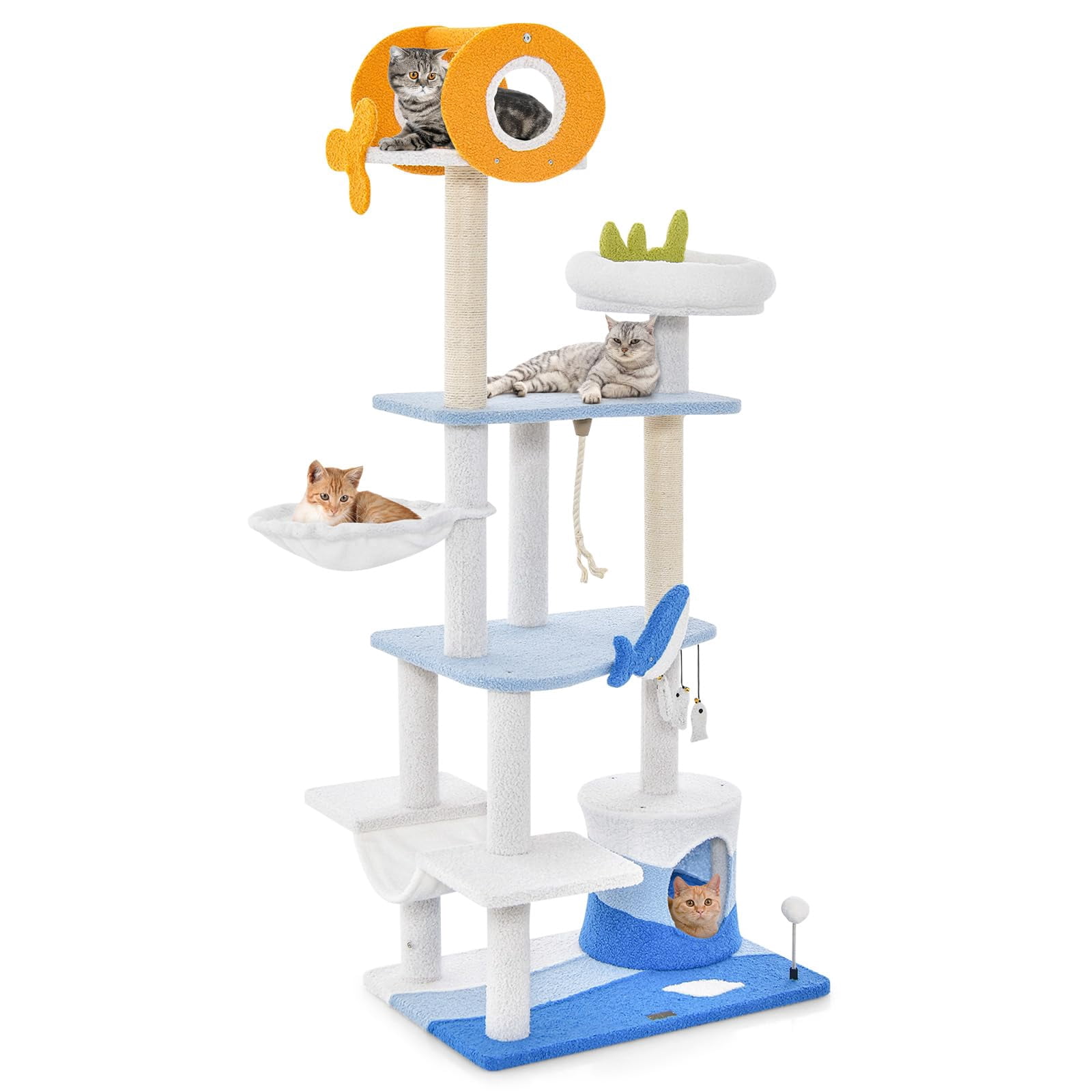 Multi-Level Ocean Themed Cat Tree for Indoor Cats, Large Cat Tower with Sisal Scratching Posts, Hanging Toys, Plush Perch, Modern Heavy Duty Design for Big Cats Up to 20 lbs, 66 Inches Tall, Blue