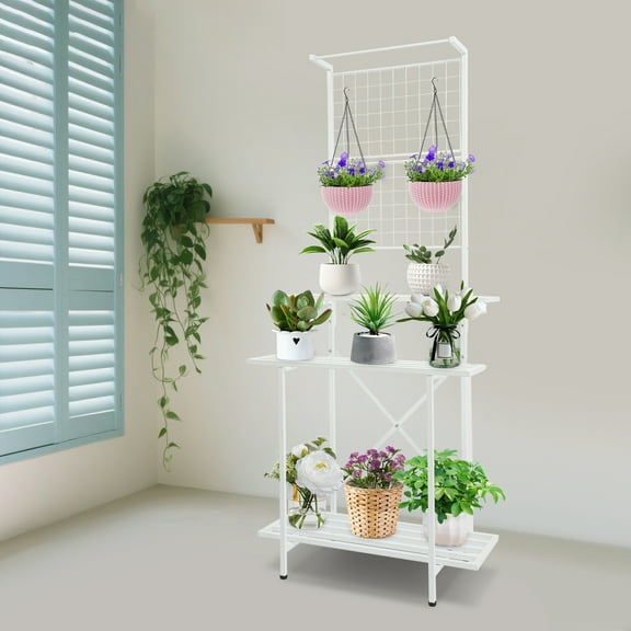 Multi-Level Plant Display Rack, 220lb Load-Bearing & Adjustable Feet, 3-Tier + Overhead Hanging for Flower Shop/Office/Storefronts
