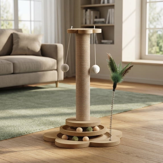 GS Vane Room Decoration Sisal 8 In Cat Tree with Hanging Balls & Feather Wand, Beige