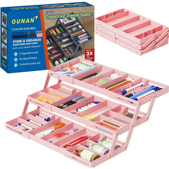 Multi Level Smart Drawer Organizer – 3 Tier Expandable Drawer Organizer – Jewelry, Junk, Makeup, Silverware Storage Organizer – Perfect for Kitchen, Desk, Medicine Cabinet & More(SMALL,Pink)