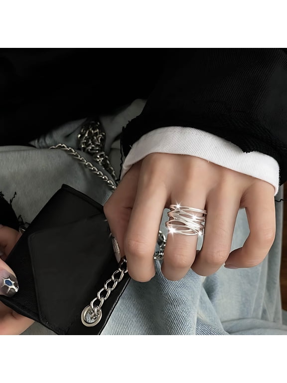 Multi-Line Wrap Ring, 925 Sterling Silver Plated Stacking Ring, Adjustable Open Stackable Boho Ring, Geometric Statement Ring for Women, Minimalist Jewelry Gift