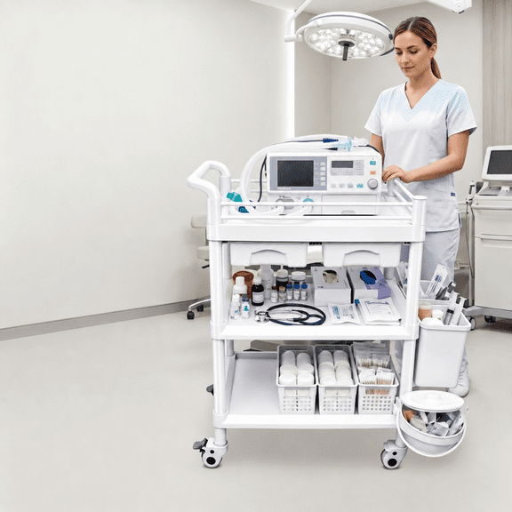 3 Tier Medical Mobile Trolley Cart, HeavyDuty Rolling Medical Cart with raised shelf guardrails, AntiSpill Hospital Rolling Lab Cart for research facilities tattoo shops Spa Centers