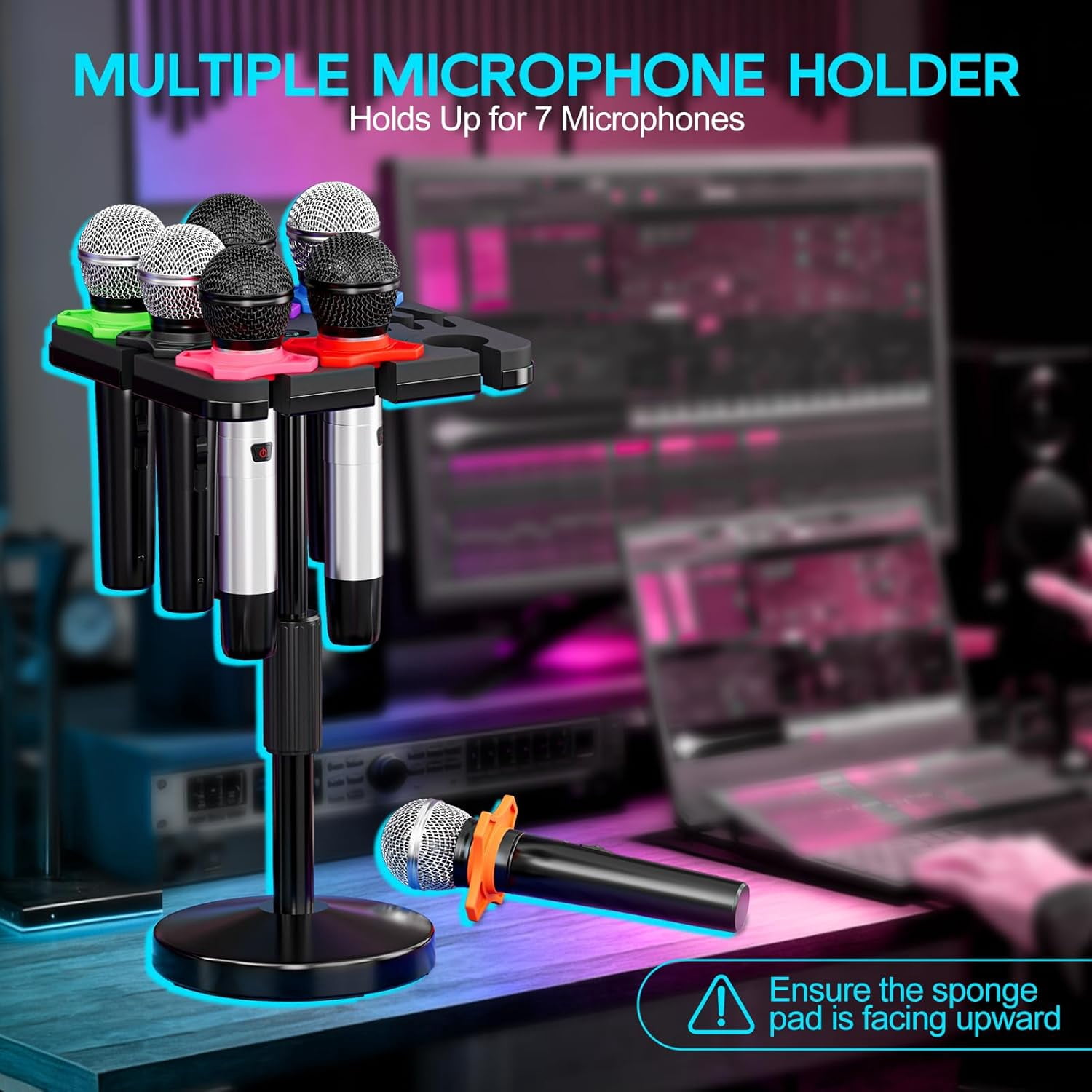 Multi Microphone Holder with Desktop Mic Stand, Square Tray with  Slots Holds  to 7 Mics, Wired and Wireless Mic Holder for Stage Organizer and Display-7 Anti-roll Rings Included