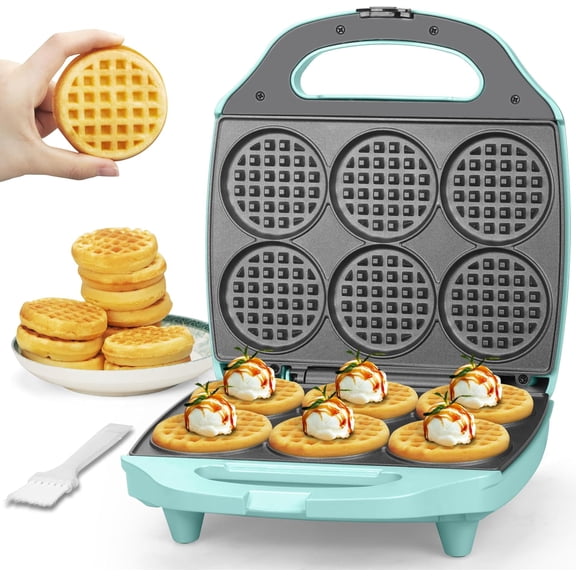 Multi Mini Waffle Maker Machine, 6 x 3'' Small Waffle Iron, Perfect for Families and Individuals Use, Excellent Choice for Breakfast Brunch Parties & Events, Aqua