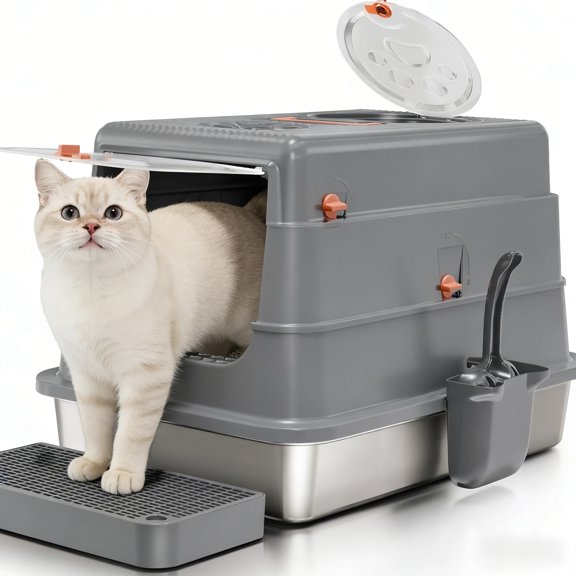Multi-Mode 4 Layer Stainless Steel Cat Litter Box, Anti-Splashing & Odor Control, Easy Clean Enclosed Cat Toilet with Litter Mat, No Battery Needed