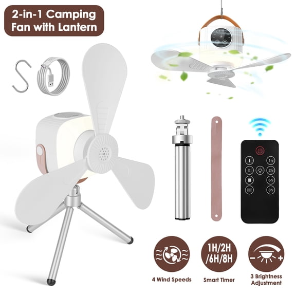 Multi-Mode Camping Fan, Lantern Combo Adjustable Wind & Light Levels Timing Function, Dual Control Panel & Remote Detachable Fan Blades Floor Stand Hanging Strap Included