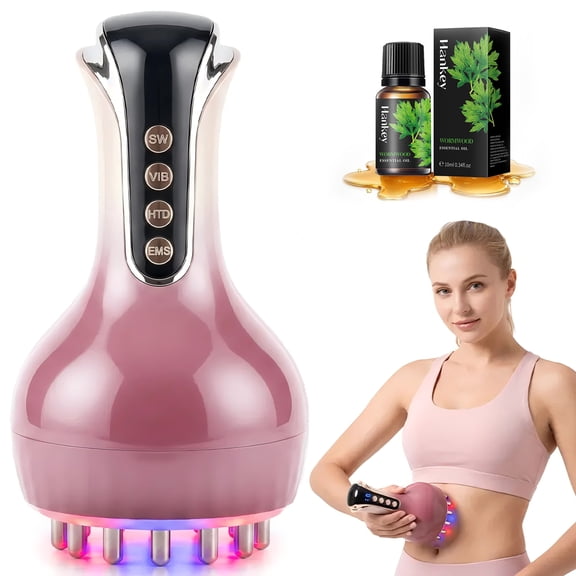Multi-Mode Electric Massage Machine with 2 Bottles of Essential Oil (Mugwort & Ginger), Microcurrent, Constant Heat, LED Light & Vibration Handheld Massager, Portable Full Body Relax Massager Pink