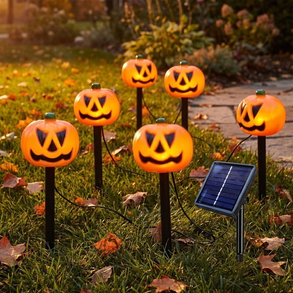 Multi Mode Solar Pumpkin Ghost Pathway Stake Light, Waterproof Auto On Off Long Runtime Easy Assembly Landscape Lamp, Spooky Illuminated Lining for Walkway Yard Patio Halloween Exterior Decor