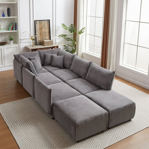Multi-Module Combination Style Sofa for Living Room, Bedroom and Other Lounge Spaces, Modern Minimalist Corduroy Combination Sofa w/2 Comfort Cushions w/USB & C Charging Ports,Gray,two sets 01530