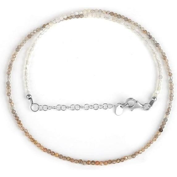 Multi Moonstone Beads Necklace for Women Natural Gemstone Handmade 925 Sterling Silver Jewelry for Her - 45 CM