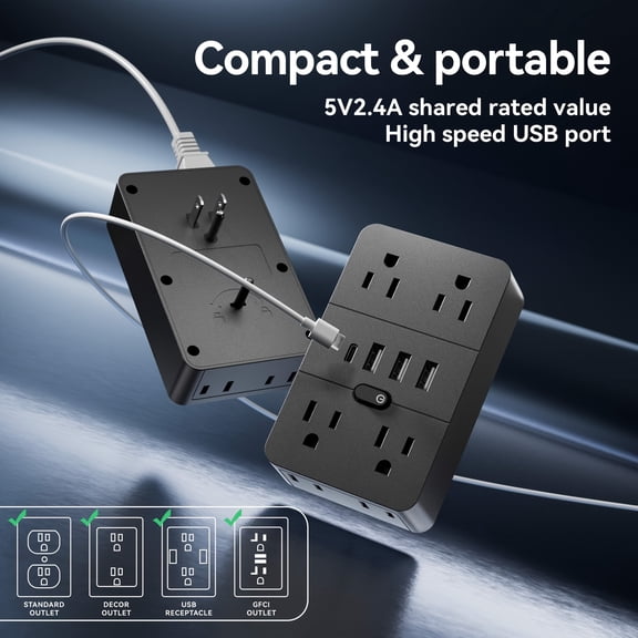 Multi-Outlet Surge Protector Power Strip with Desk Lamp & Clock - 4 AC, 3 USB-A, 2 USB-C Ports - Office, Home, School Use