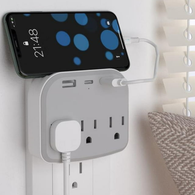Multi Outlet Wall Plug, KOSIY Non Surge Power Strip with USB Fast Charge for Dorm Home Travel, Gray