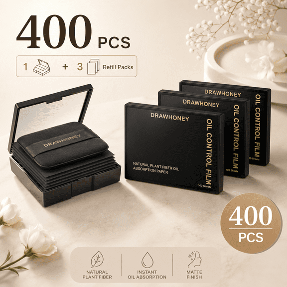 Multi-Pack Natural Plant Fiber Face Oil Blotting Papers with Mirror, Puff & Extra Refill Packs, Oil Absorbing Sheets Prevent Makeup Smudge, Compact Portable Design for Salon, Date Nights & Daily Make
